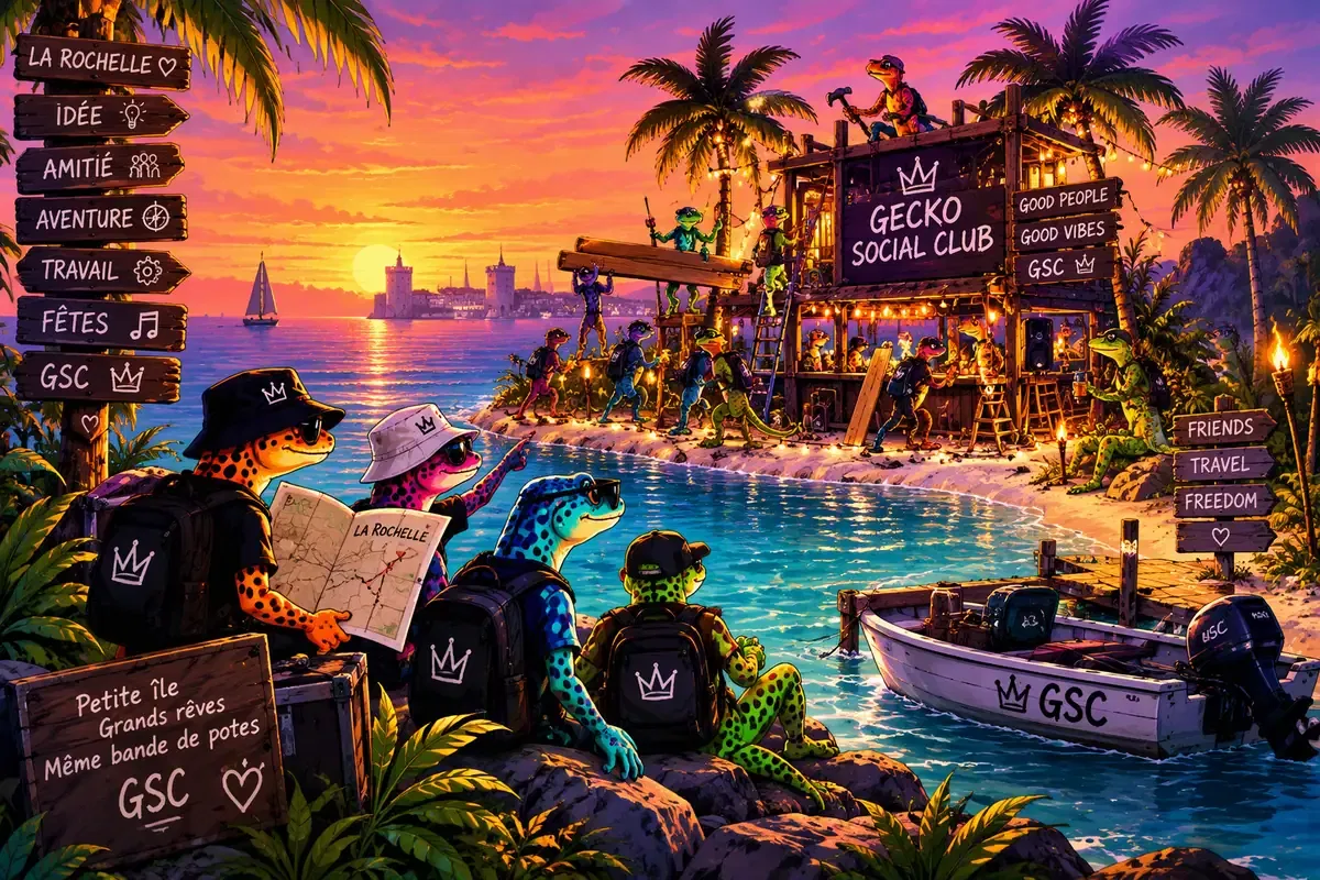 Gecko Island : la bande de geckos arrive en bateau de La Rochelle et construit la paillote Gecko Social Club au coucher du soleil